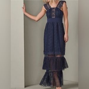 Venus Women's Navy Blue Guipure Lace Tiered Maxi